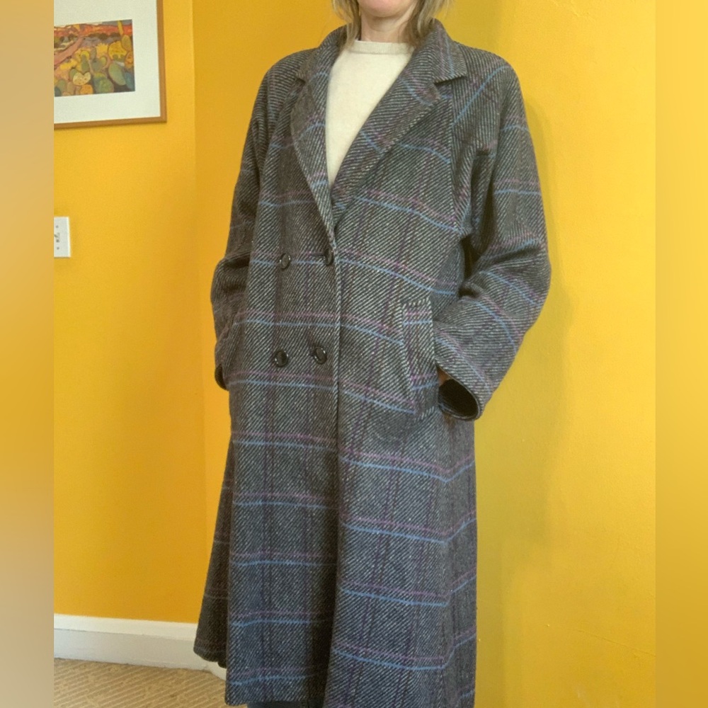 Gallery Gray Plaid Double-Breasted Trench Coat with Purple & Blue Accents